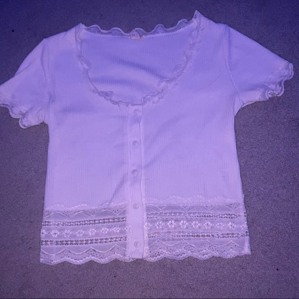 Caution to the Wind White Lace Button Up Tee Shirt